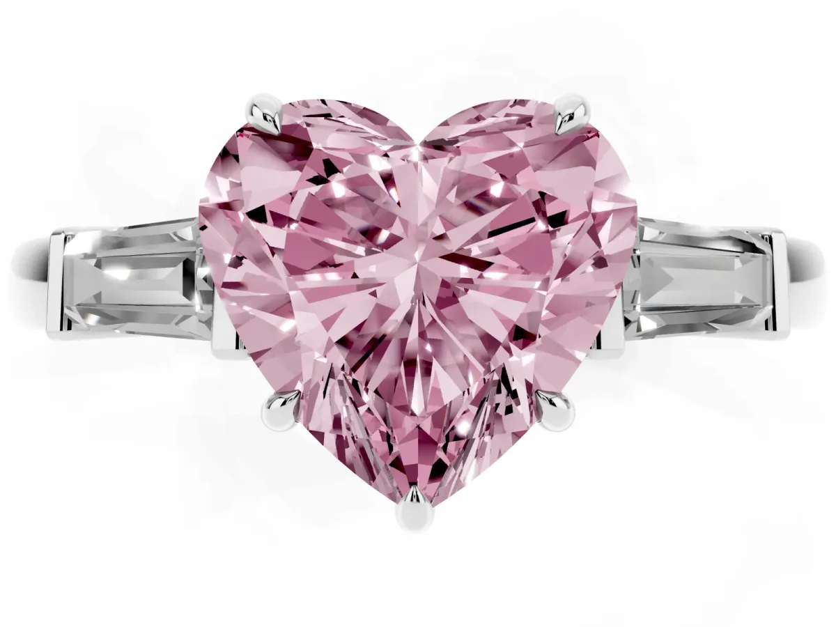 Fancy Pink Heart Cut Diamond Three-Stone Ring with Tapered Baguette Side Stones and Prong Setting Platinum