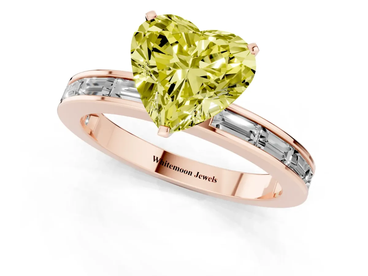 Fancy Yellow Heart Cut Solitaire Diamond Ring with Channel-Set Baguette Band and Four-Prong Setting Rose gold