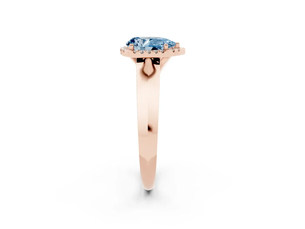Fancy Blue Pear Cut Halo Diamond Ring with Cathedral Band and Four-Prong Setting Rose gold