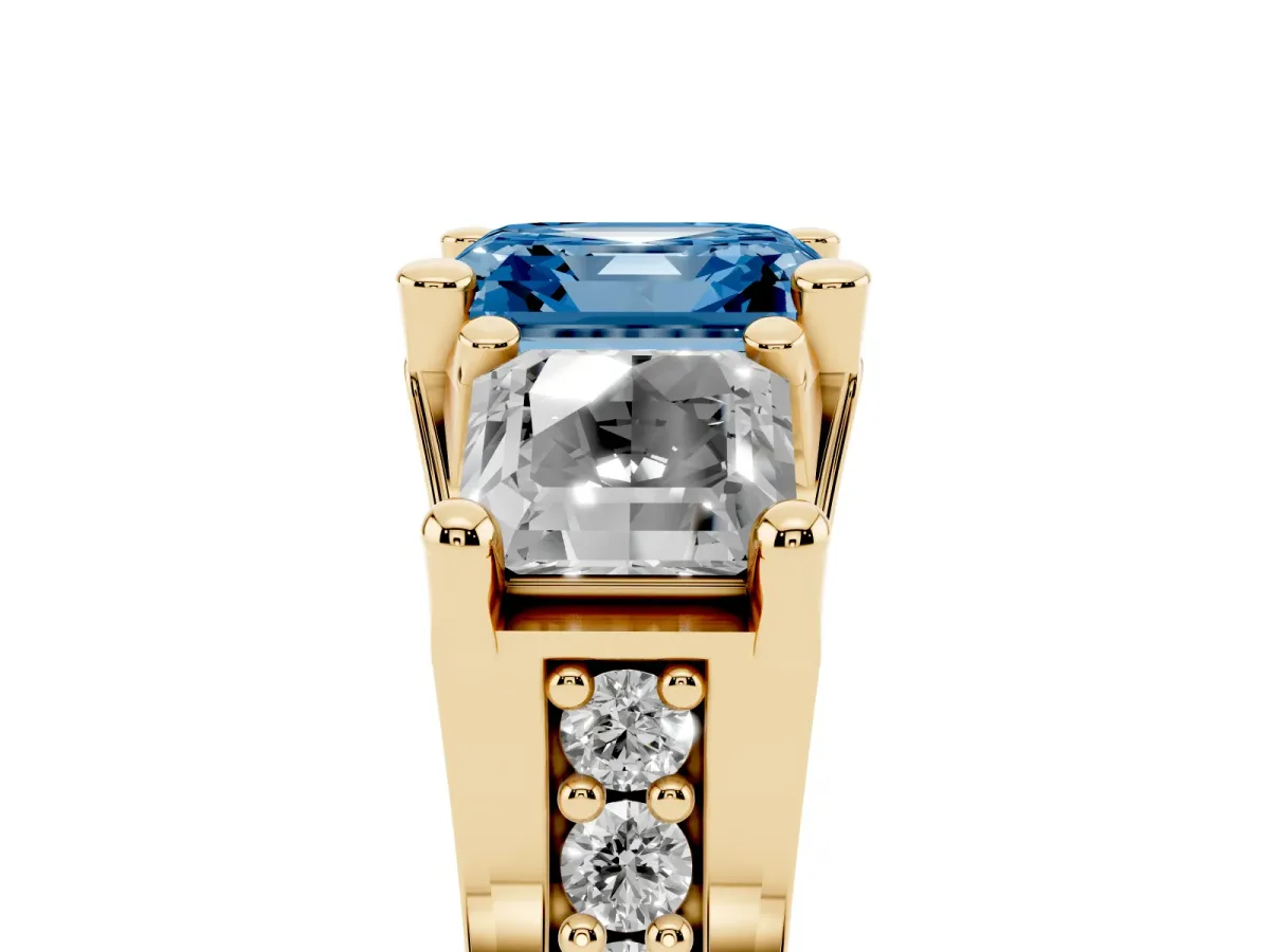 Fancy Blue Asscher Cut Diamond Three-Stone Ring with Channel Set Band and Four-Prong Setting Yellow gold