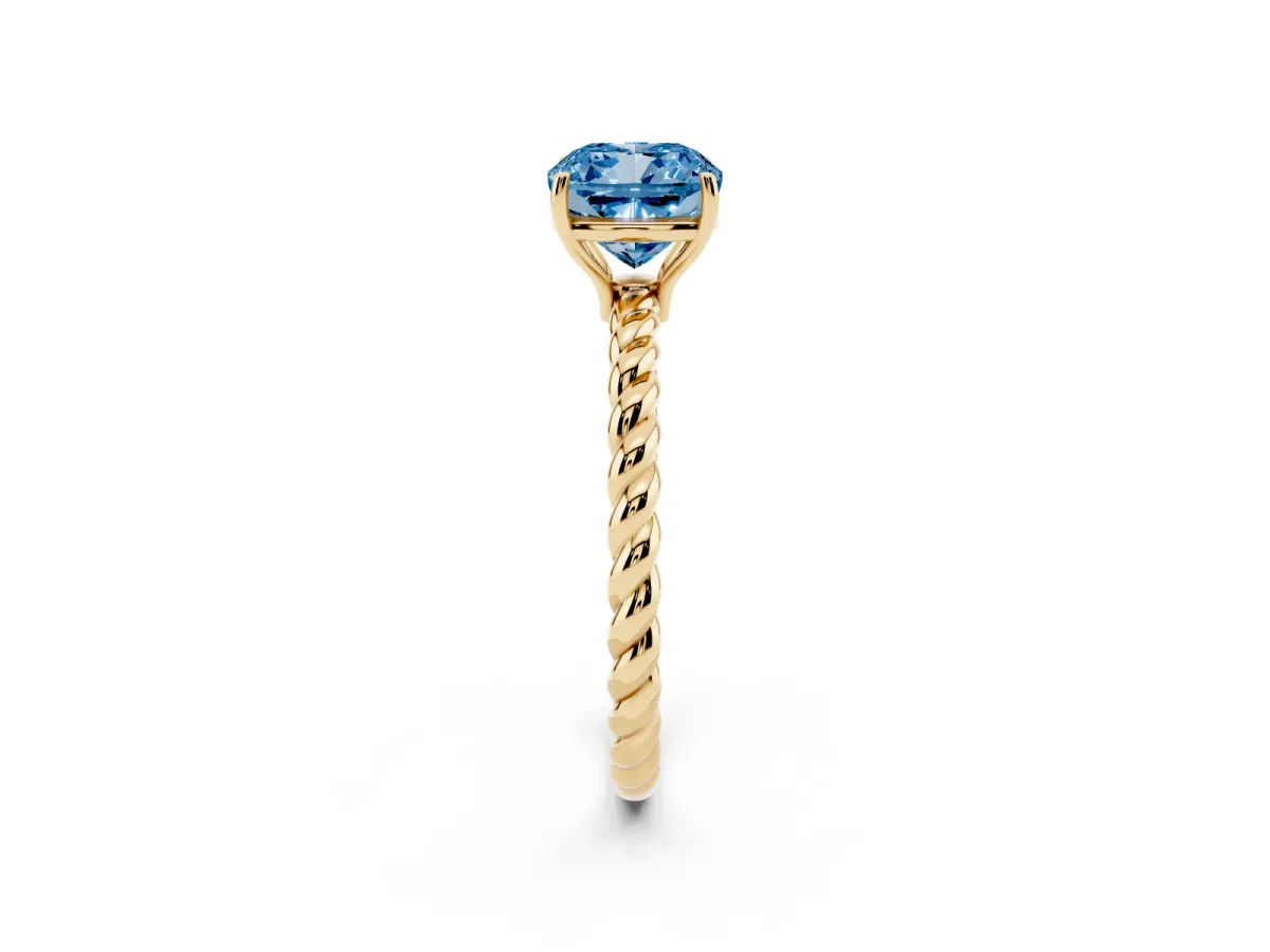 Fancy Blue Cushion Cut Solitaire Twist Band Ring with Four-Prong Setting Yellow gold