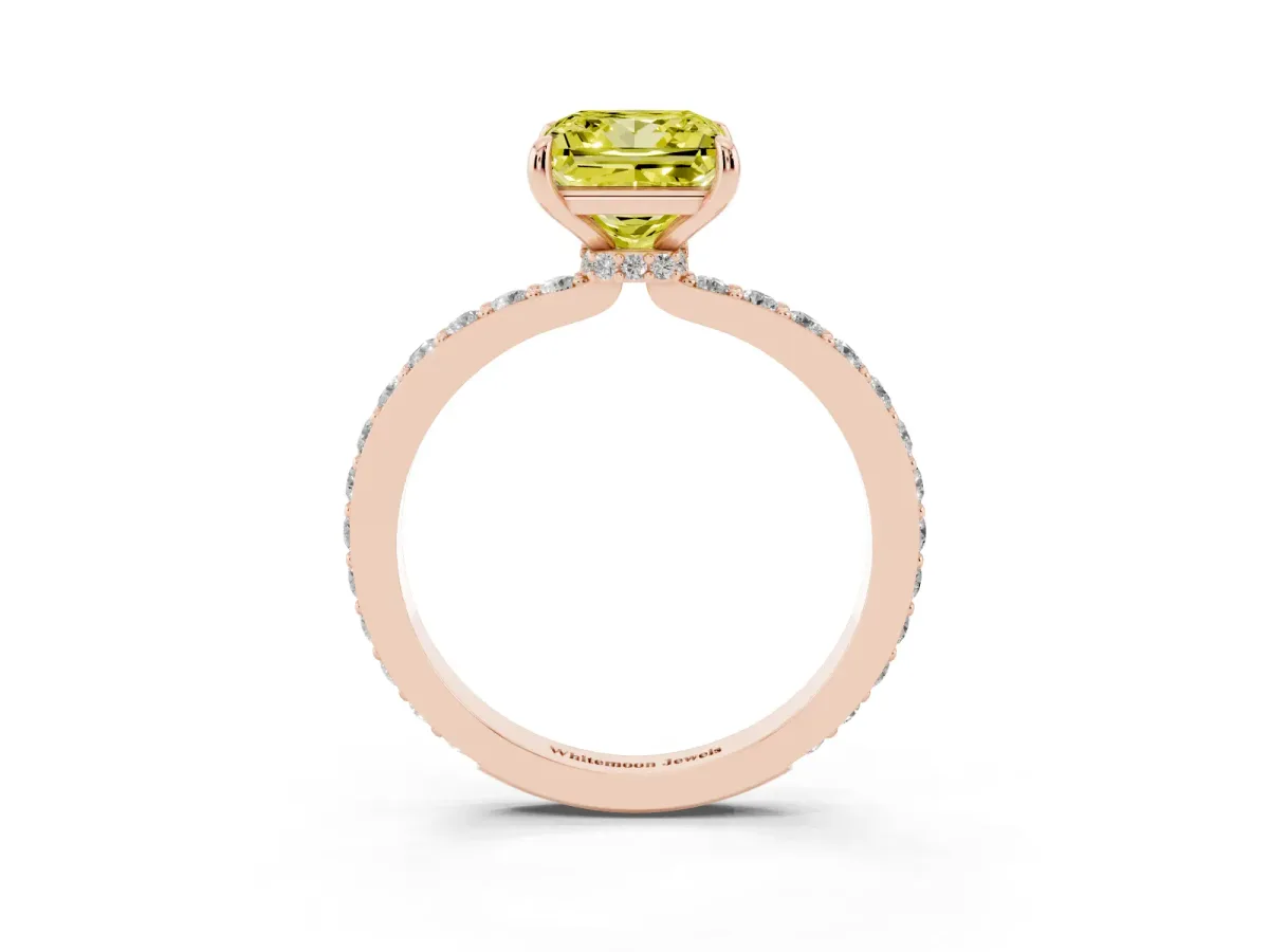 Fancy Yellow Princess Cut Diamond Pavé Engagement Ring with Round Accents and Prong Setting Rose gold