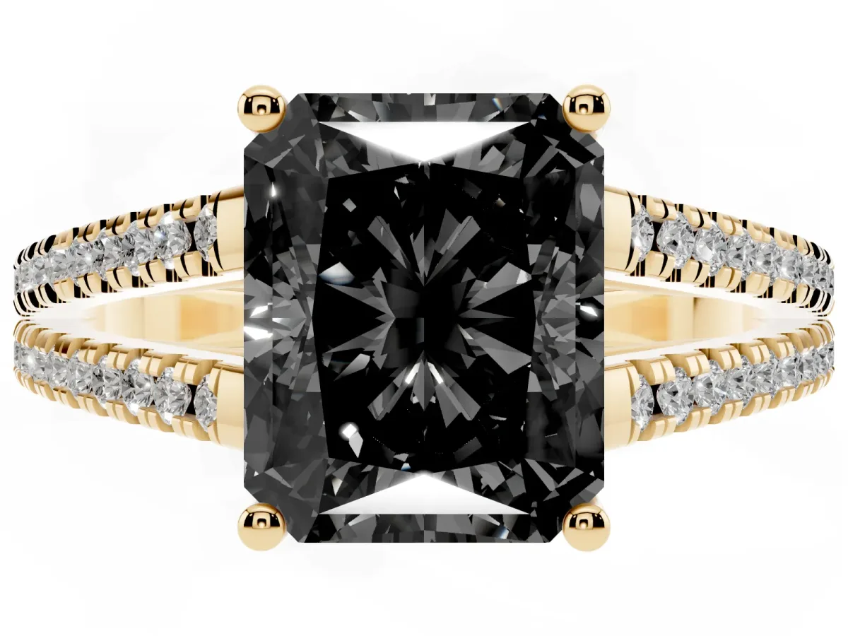 Fancy Black Radiant Cut Diamond Solitaire Engagement Ring with Split Shank Pavé Band Yellow gold
