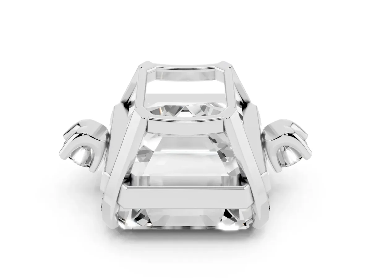 Asscher Cut Cut Three-Stone Solitaire Ring with Round Accent Diamonds and Four-Prong Setting Silver