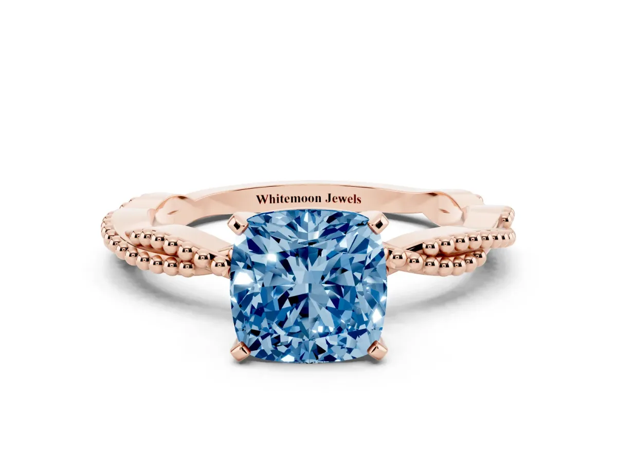 Fancy Blue Cushion Cut Solitaire Twisted Band with Bead Prong Setting Rose gold