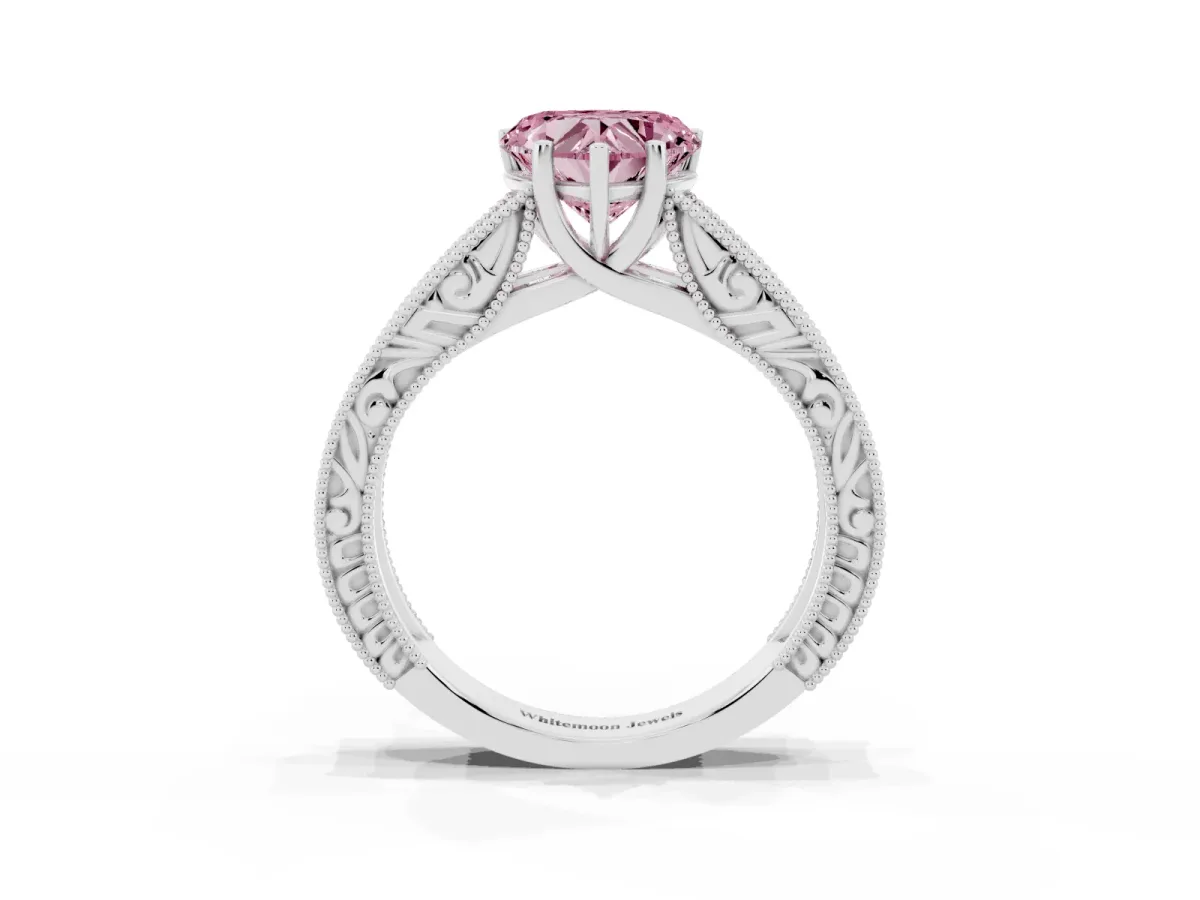 Fancy Pink Heart Cut Diamond Solitaire Ring with Engraved Band and Four-Prong Setting Platinum