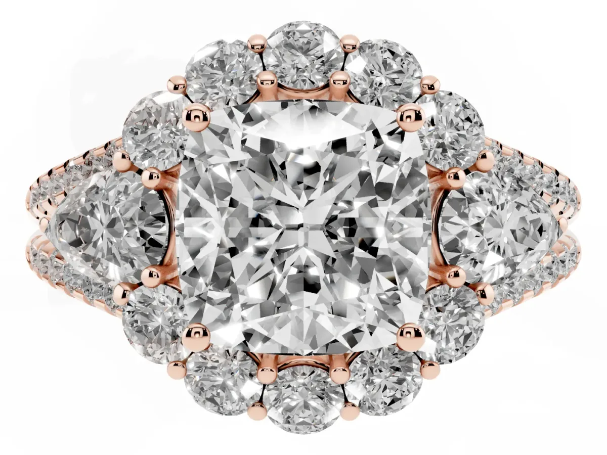 Cushion Cut Halo Split Shank Diamond Engagement Ring with Prong Setting Rose gold