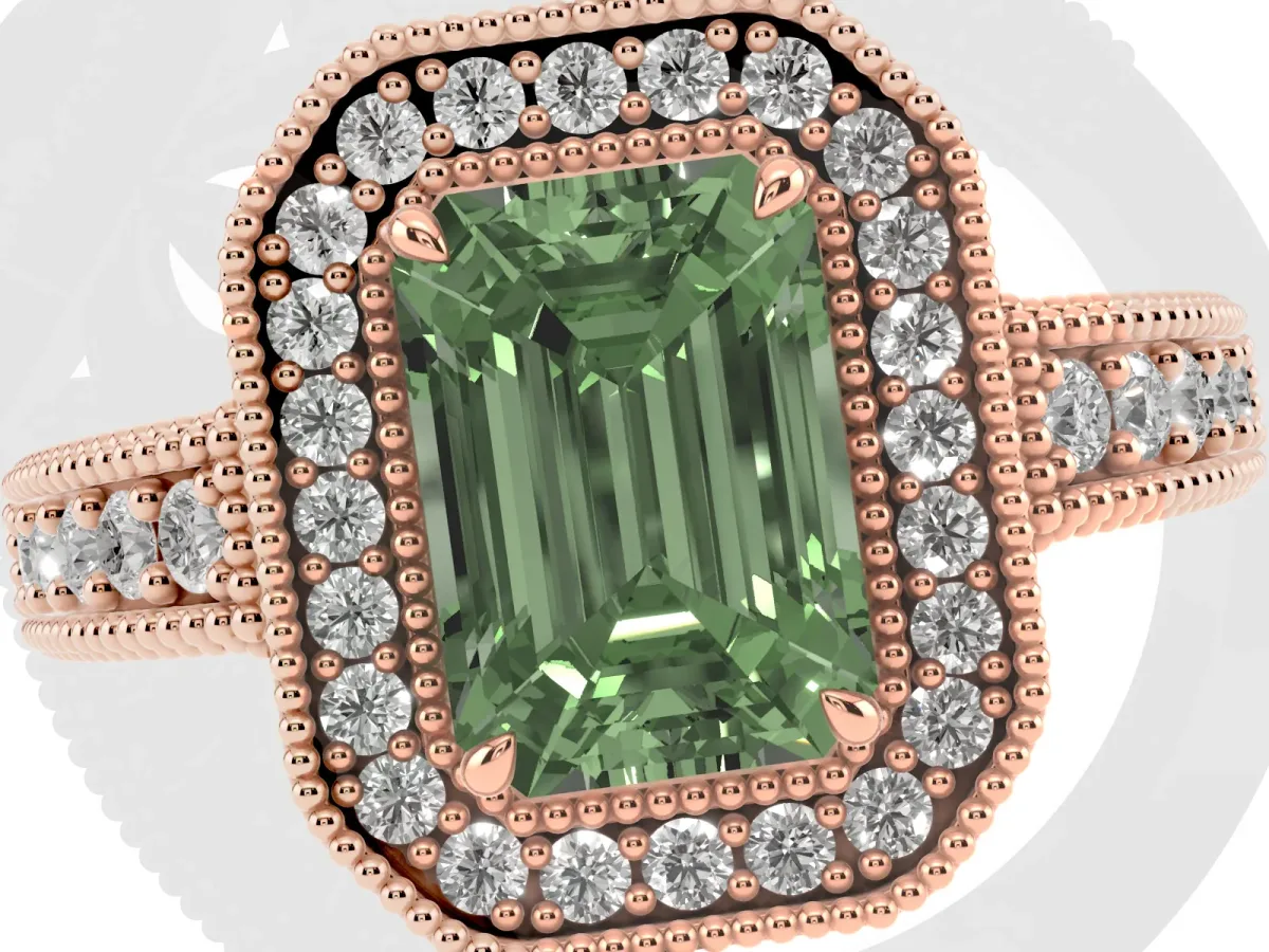 Fancy Green Emerald Cut Cut Halo Diamond Ring with Pavé Band and Four-Prong Setting Rose gold