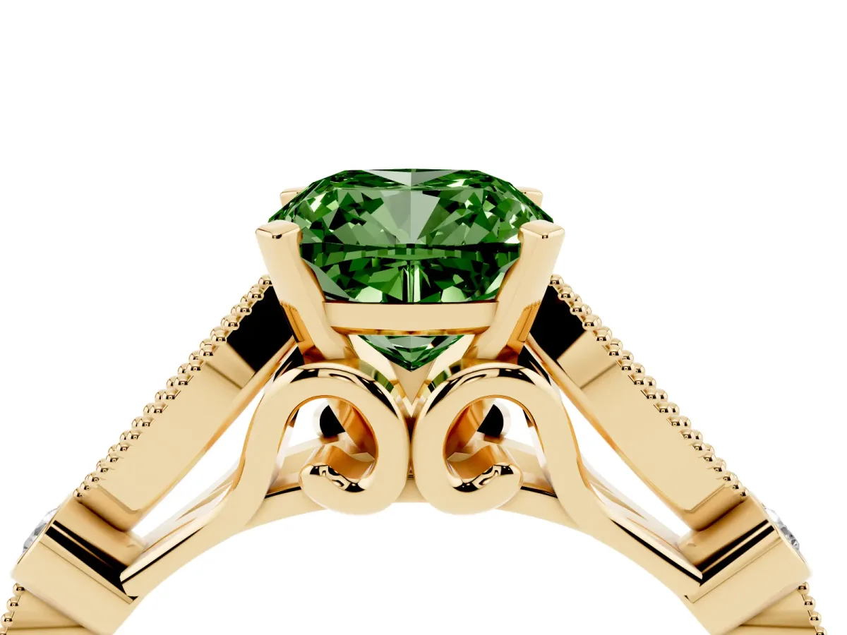 Fancy Green Cushion Cut Cut Diamond with Milgrain Marquise and Bezel Accents on a Solitaire Band with Prong Setting Yellow gold