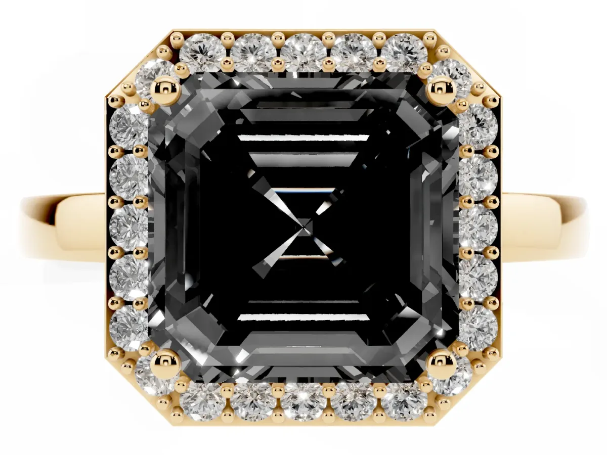 Fancy Black Asscher Cut Halo Diamond Ring with Solitaire Band and Prong Setting Yellow gold