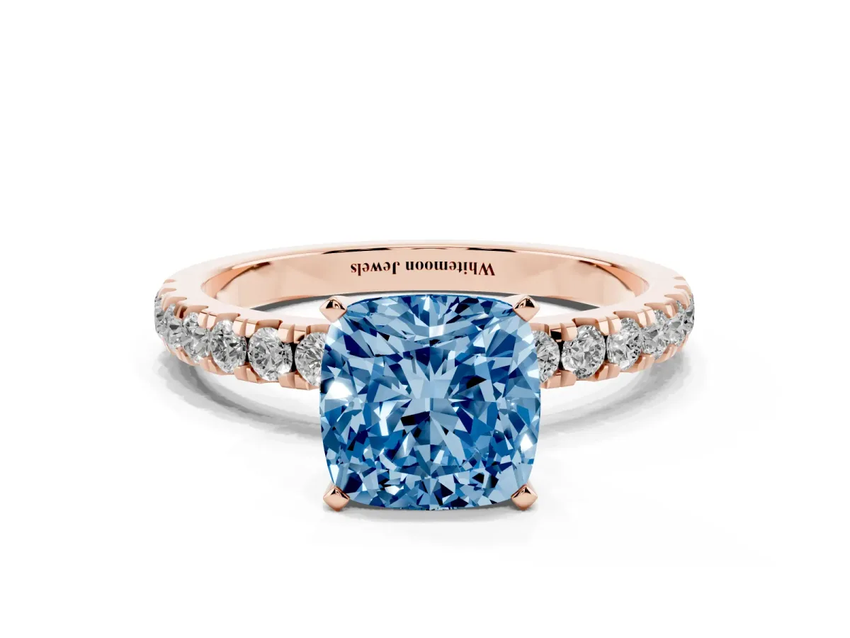 Fancy Blue Cushion Cut Diamond Solitaire Ring with Pavé Accents and Four-Prong Setting Rose gold