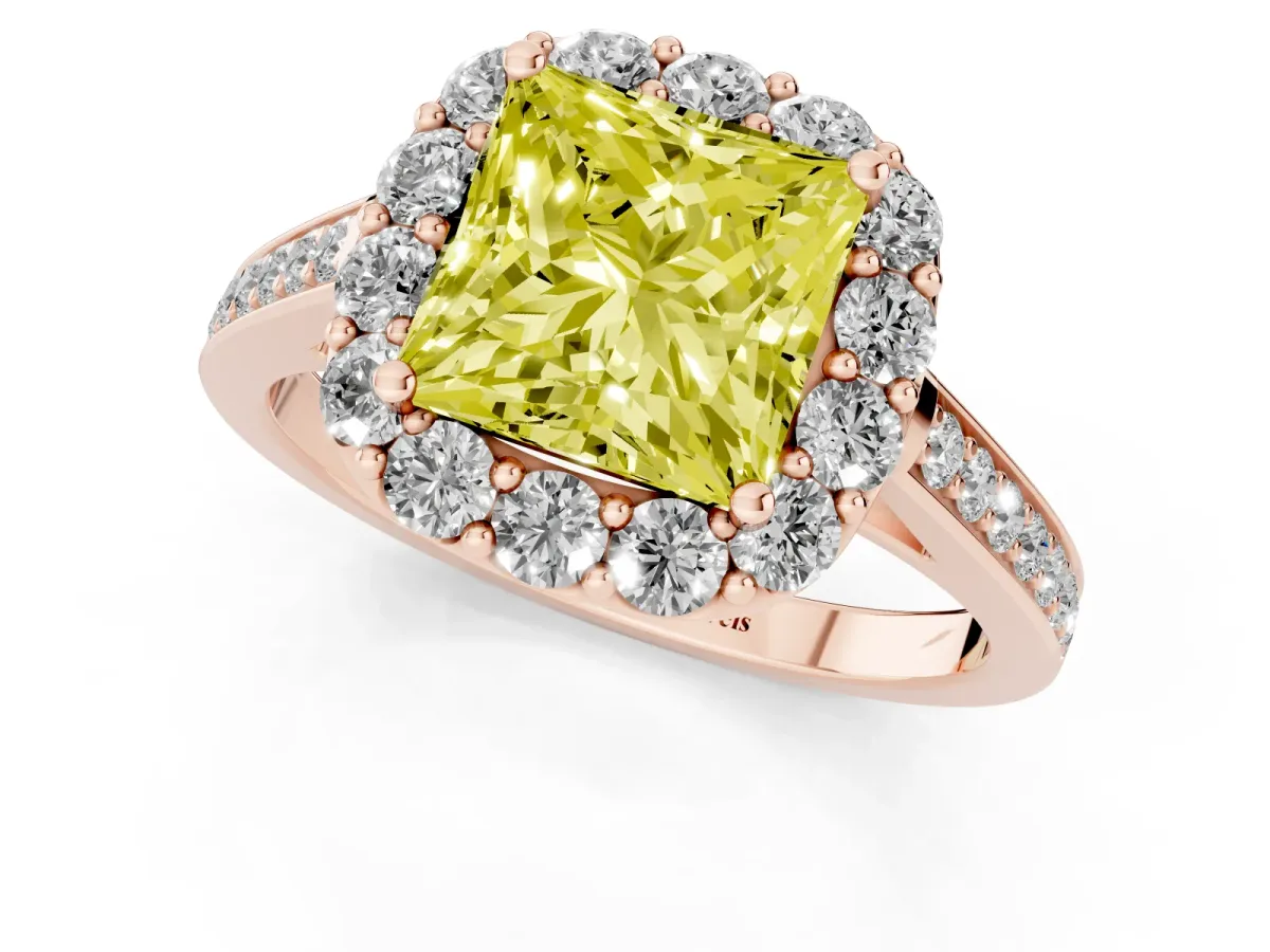 Fancy Yellow Princess Cut Diamond Floral Halo Ring with Pavé Band and Prong Setting Rose gold