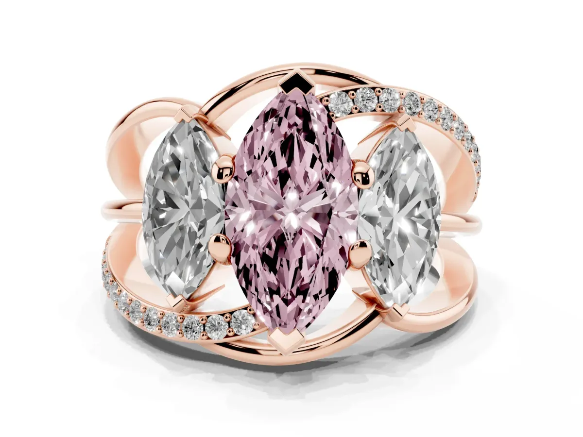 Fancy Pink Three-Stone Marquise Cut Cut Diamond Split Shank Prong Set Ring Rose gold