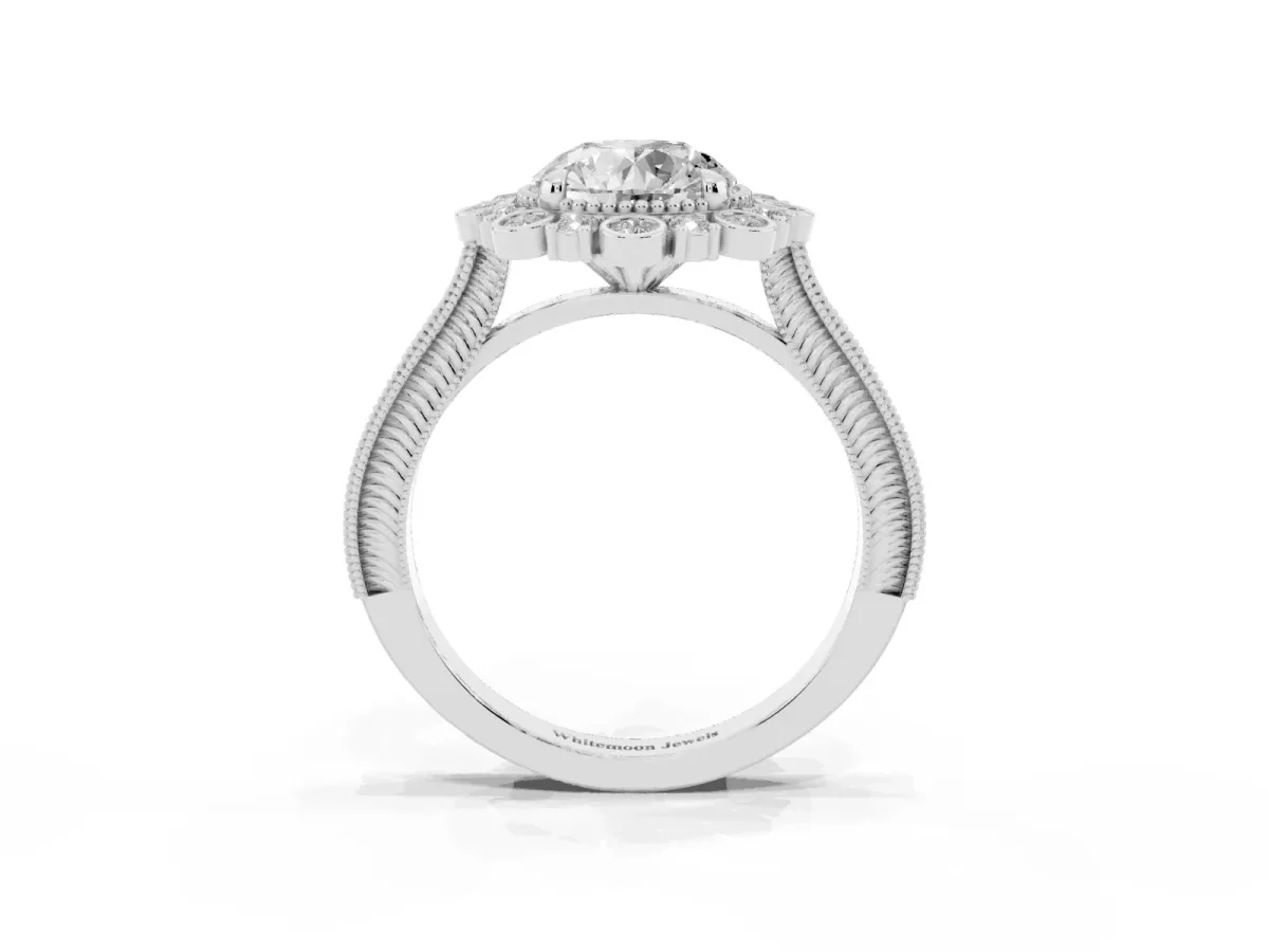 Round Cut Halo Milgrain Pave Diamond Ring with Four-Prong Setting Platinum