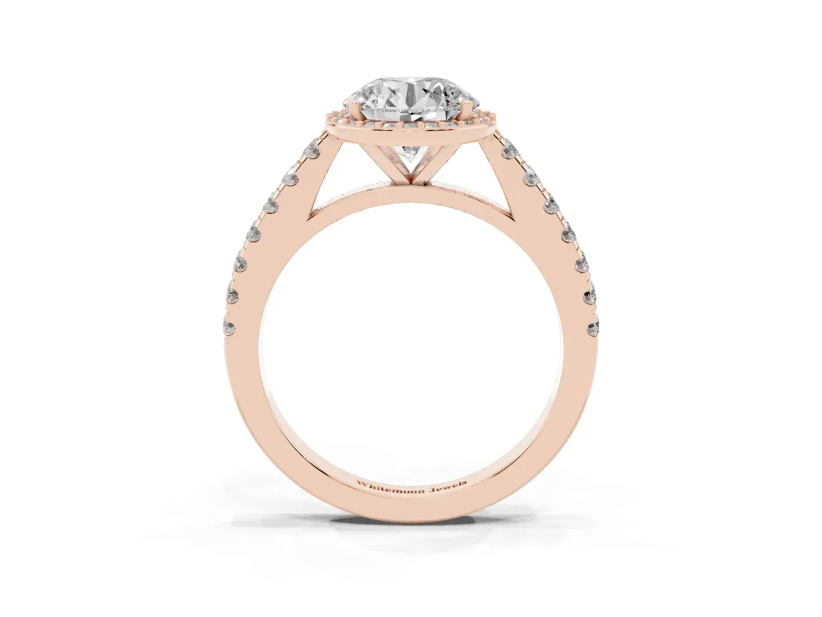Round Cut Cut Halo Diamond Engagement Ring with Pave Band and Four-Prong Setting Rose gold