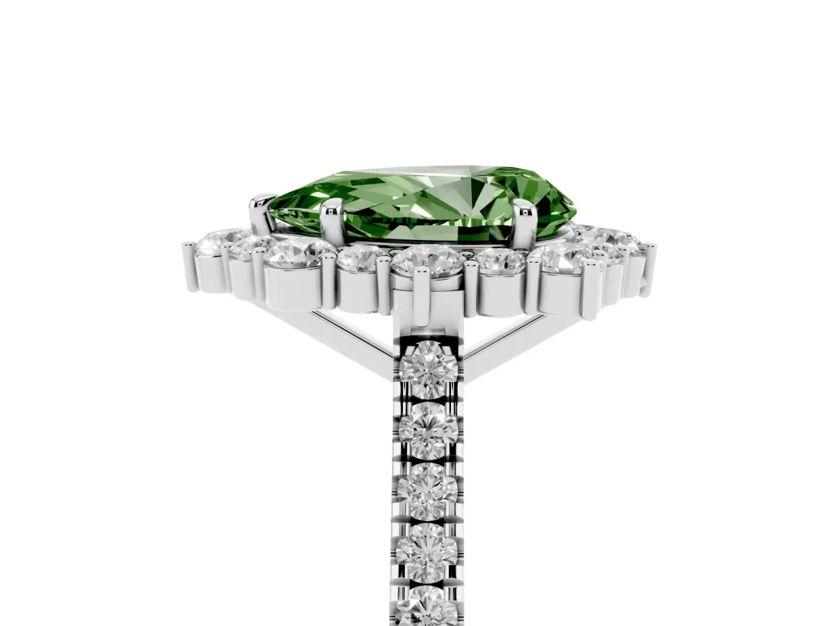 Fancy Green Pear Cut Halo Diamond Ring with Pavé Band and Prong Setting Silver