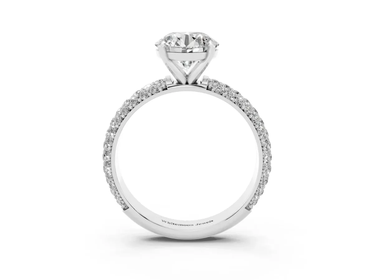Round Cut Diamond Solitaire Ring with Prong Setting and Pavé Band Silver