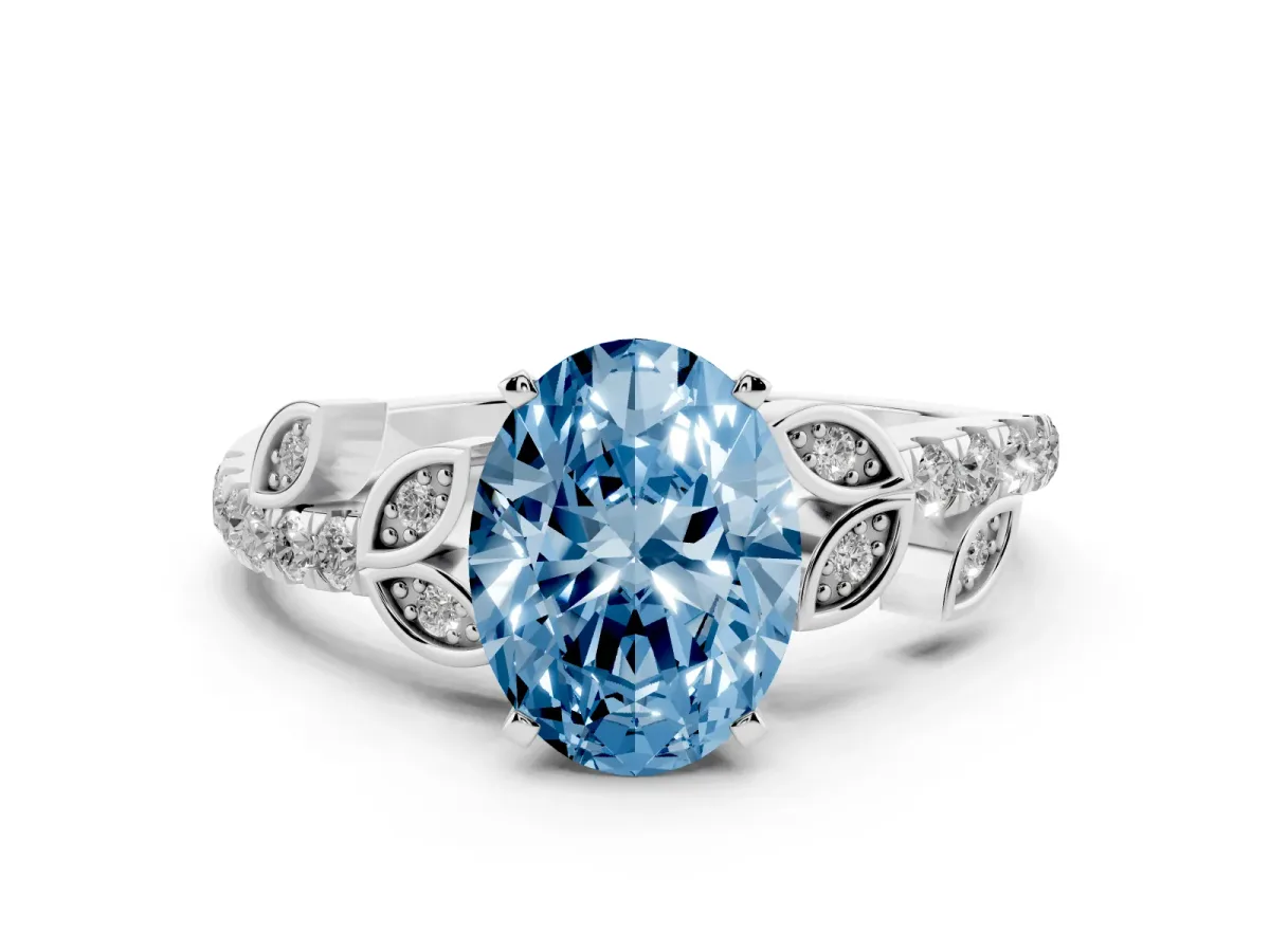 Fancy Blue Oval Cut Solitaire Leaf-Inspired Diamond Ring with Pavé Band and Four-Prong Setting Silver