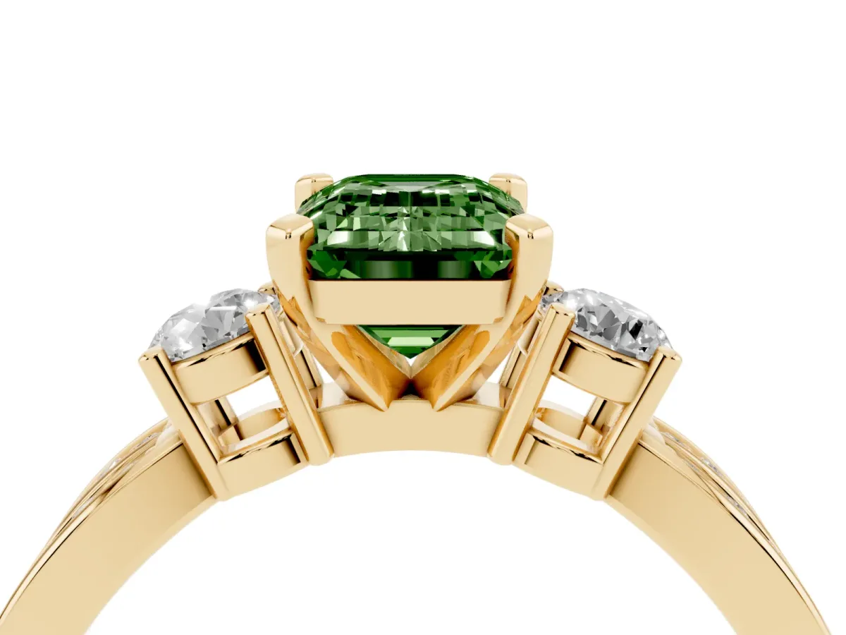 Fancy Green Three-Stone Emerald Cut Cut Diamond Twist Band with Prong Setting Yellow gold