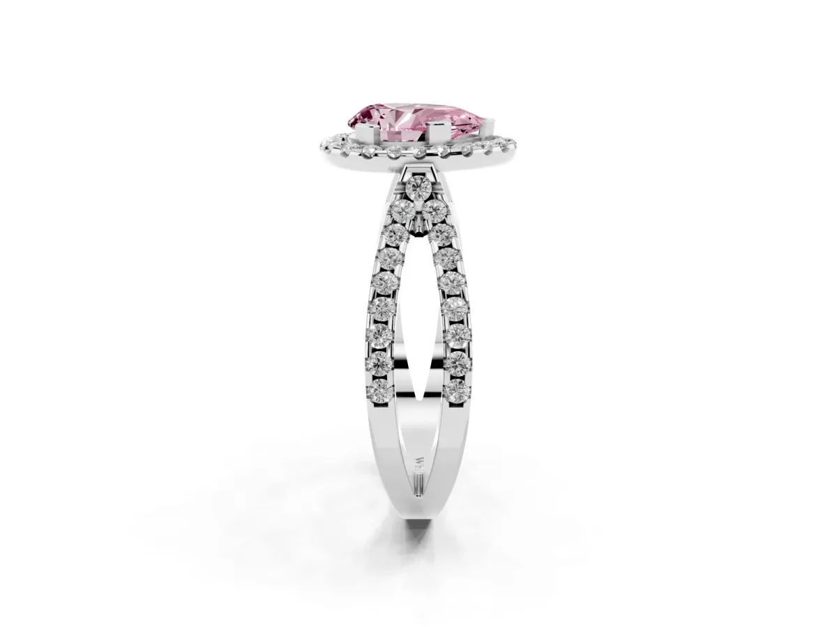 Fancy Pink Pear Cut Diamond Halo Ring with Split Shank Pavé Band and Prong Setting Silver