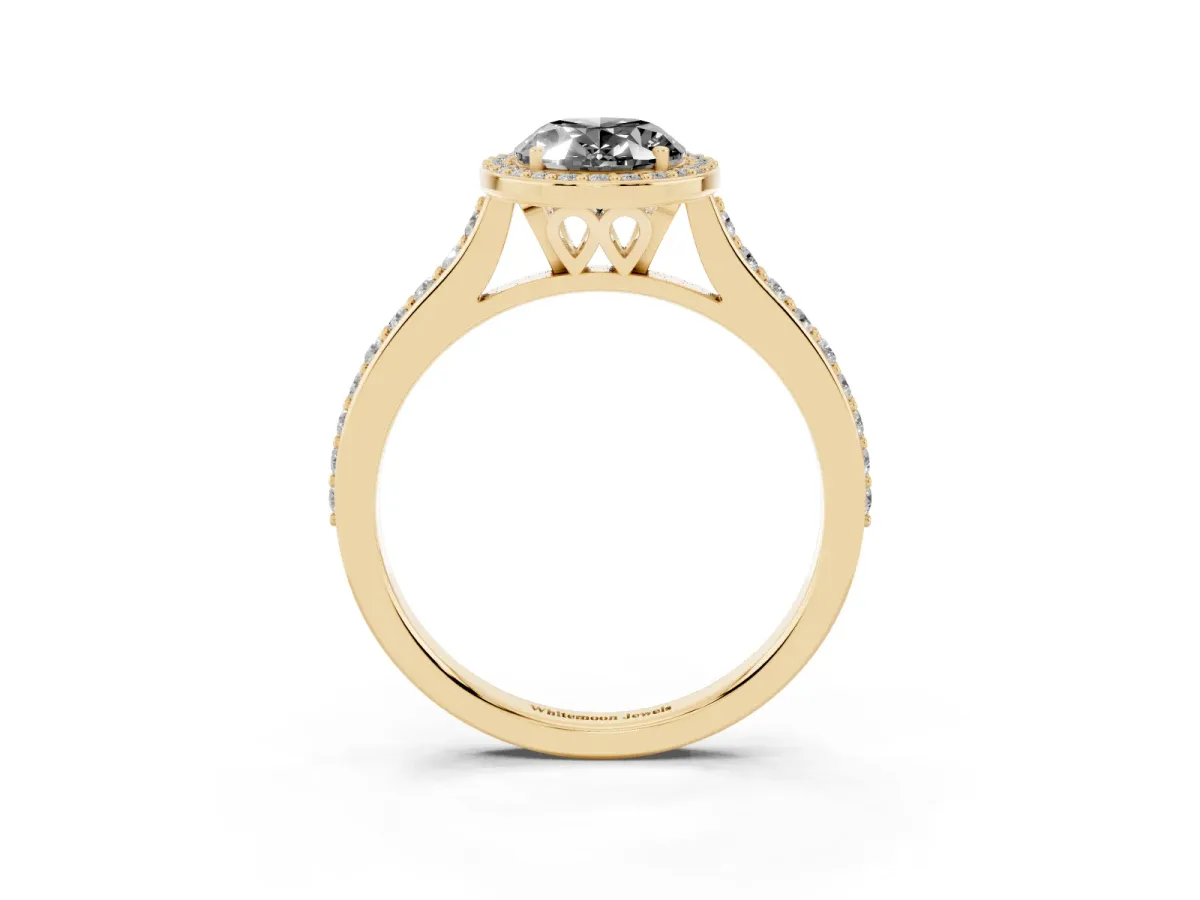Fancy Black Oval Cut Diamond Halo Engagement Ring with Round Pavé Shoulders and Prong Setting Yellow gold