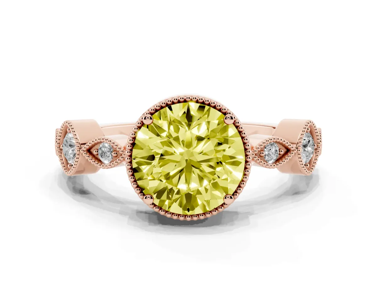 Fancy Yellow Round Cut Diamond Vintage Milgrain Ring with Round Stations Rose gold