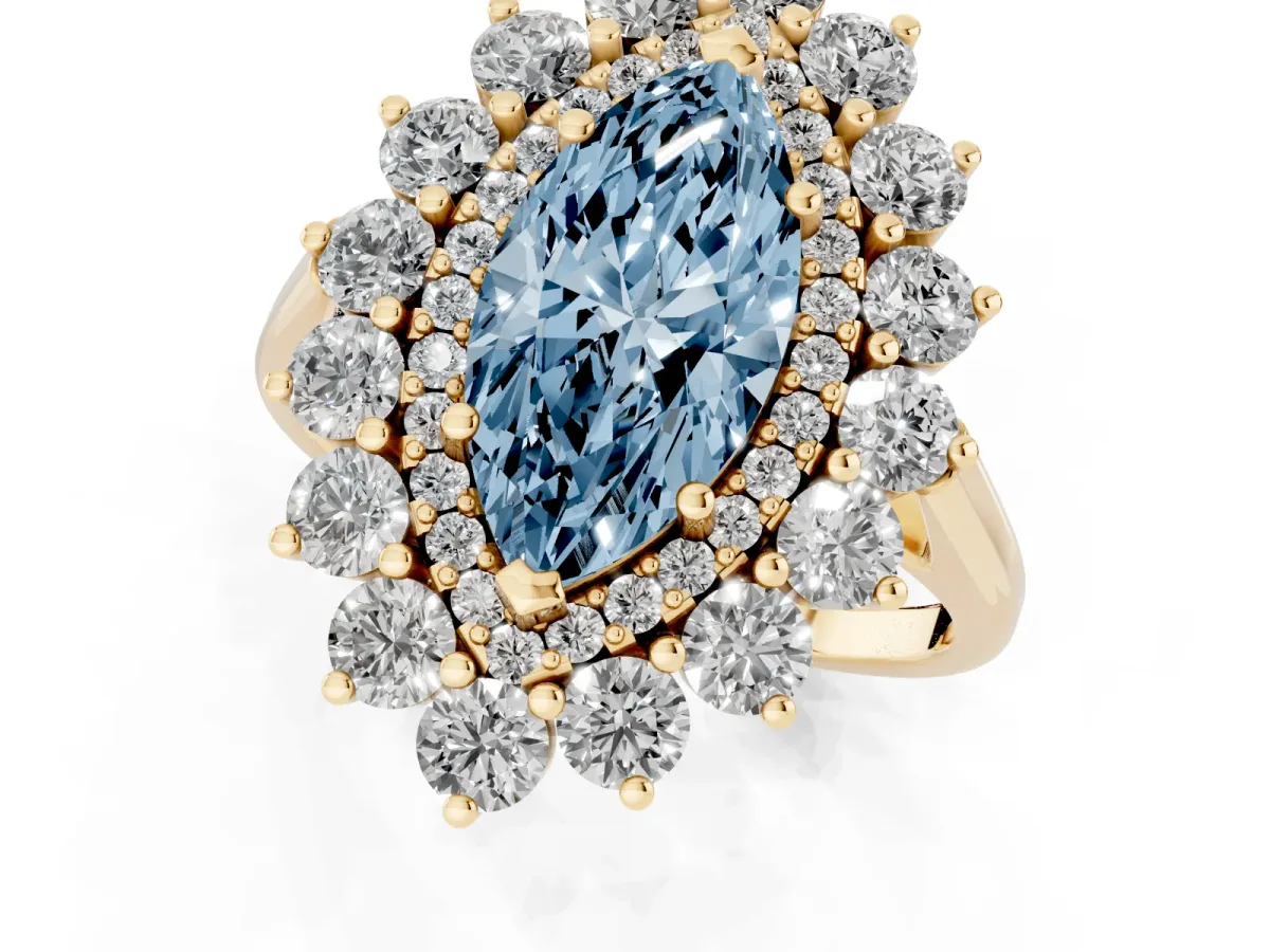 Fancy Blue Marquise Cut Diamond Floral Double Halo Engagement Ring with Prong Setting Yellow gold