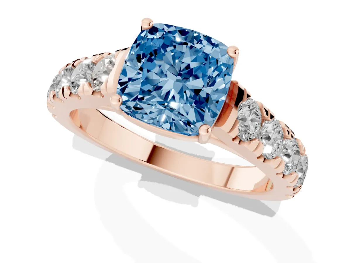 Fancy Blue Cushion Cut Cut Diamond Solitaire Ring with Micro Pave Band and Prong Setting Rose gold