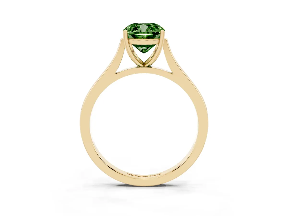 Fancy Green Cushion Cut Solitaire Heart Prong Engagement Ring with Tapered Band Yellow gold