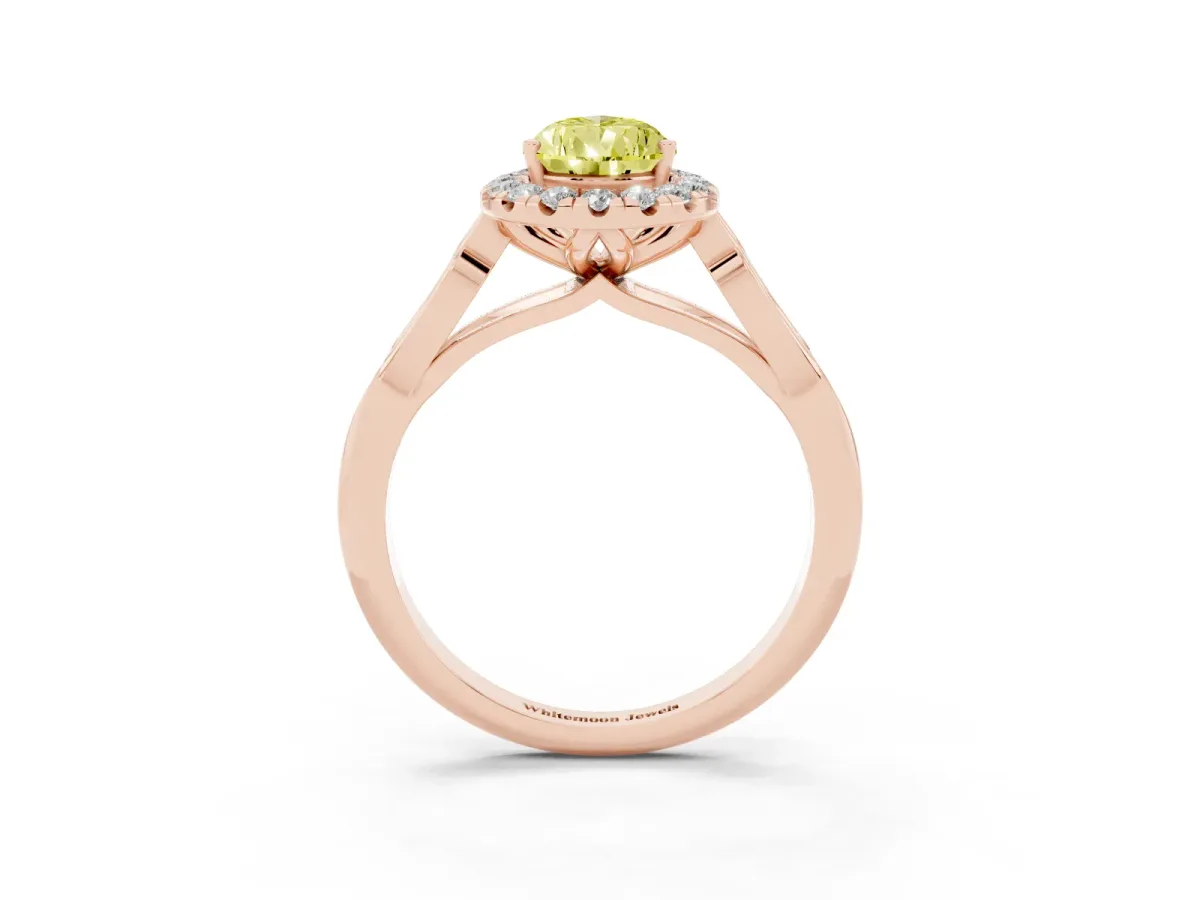 Fancy Yellow Pear Cut Halo Diamond Engagement Ring with Filigree Band and Four-Prong Setting Rose gold