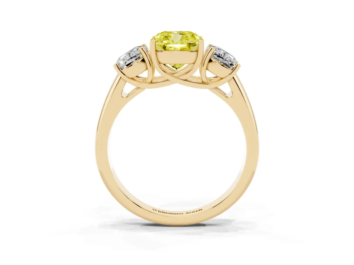 Fancy Yellow Three-Stone Cushion Cut Diamond Engagement Ring with Prong Setting Yellow gold