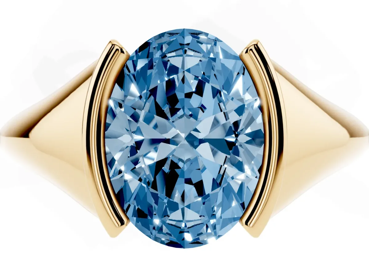 Fancy Blue Oval Cut Solitaire Tension Set Diamond Ring Yellow gold