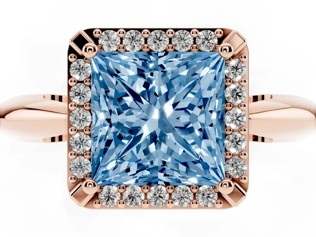Fancy Blue Princess Cut Cut Diamond Halo Engagement Ring with Split Shank and Four-Prong Setting Rose gold