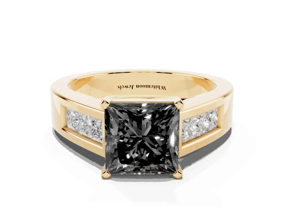 Fancy Black Princess Cut Cut Channel Set Solitaire Ring with Four-Prong Setting Yellow gold