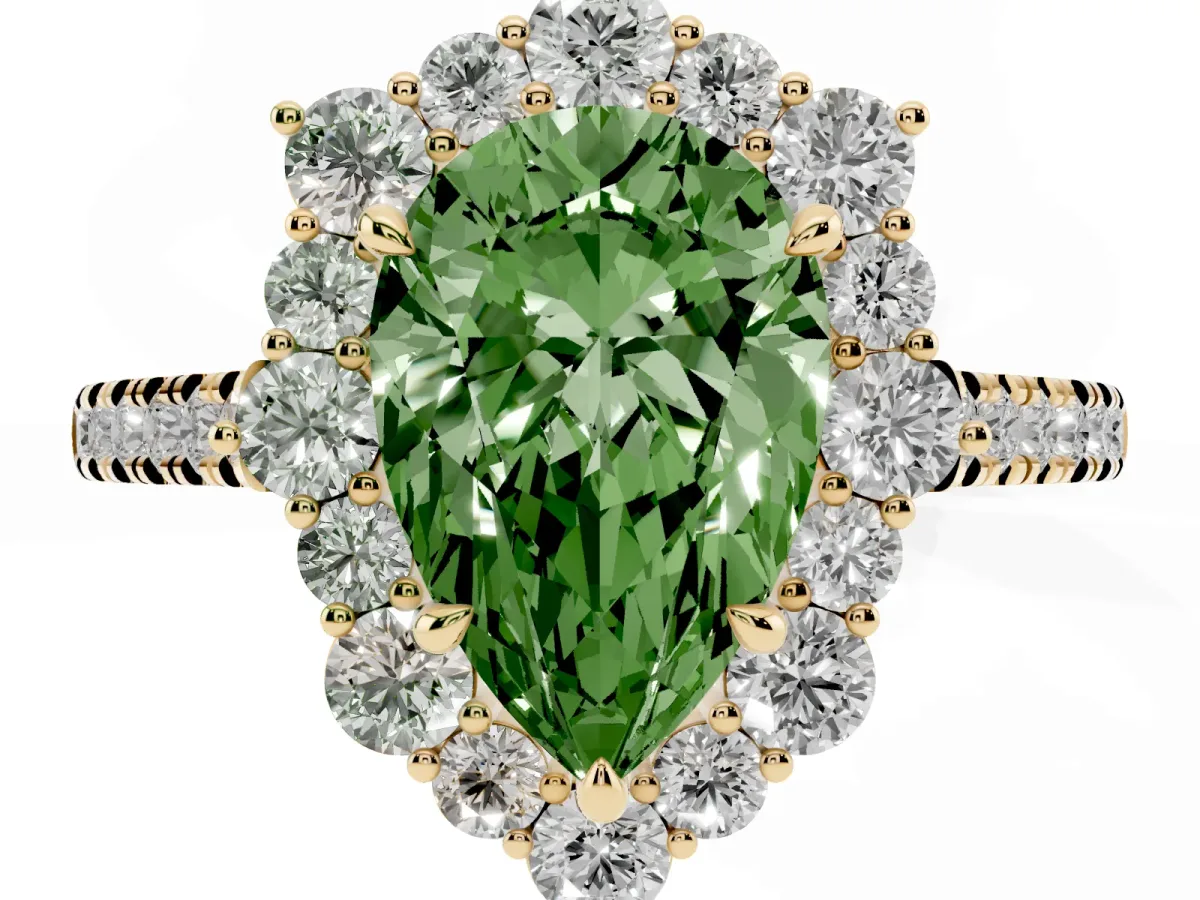 Fancy Green Pear Cut Halo Diamond Ring with Pavé Band and Prong Setting Yellow gold