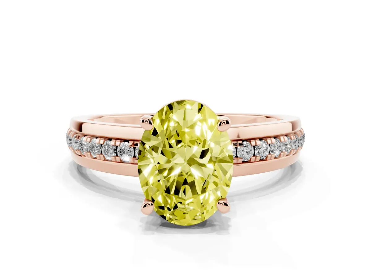 Fancy Yellow Oval Cut Solitaire Diamond Ring with Channel Set Band and Six-Prong Setting Rose gold