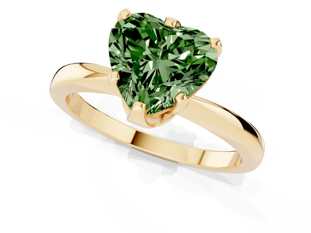 Fancy Green Heart Cut Solitaire Engagement Ring with Six-Prong Setting and Tapered Band Yellow gold