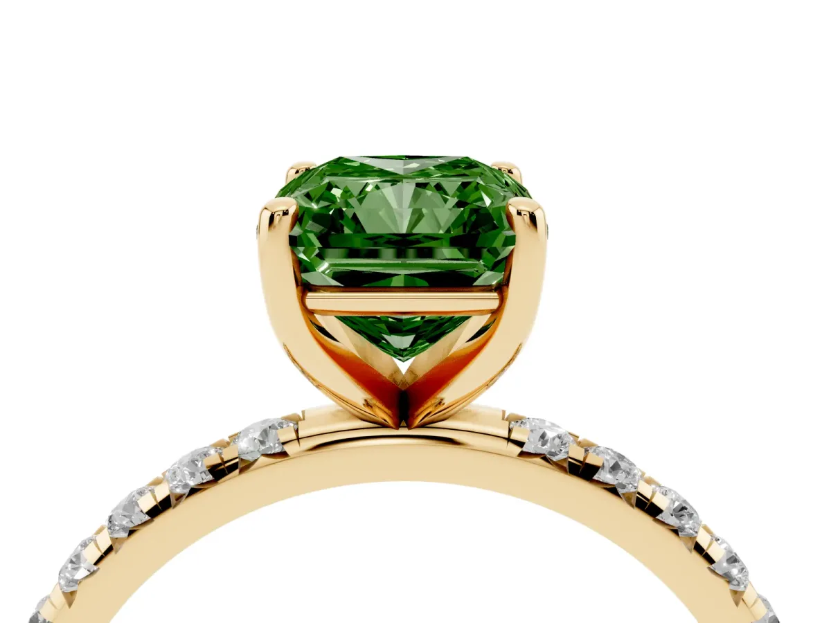 Fancy Green Radiant Cut Cut Diamond Solitaire Ring with Micro Pave Band and Four Prong Setting Yellow gold