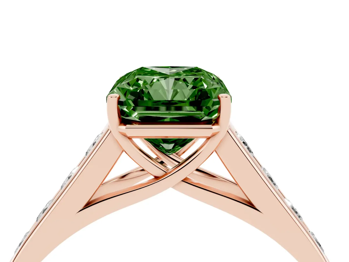 Fancy Green Radiant Cut Solitaire Channel-Set Diamond Engagement Ring with Four-Prong Setting Rose gold