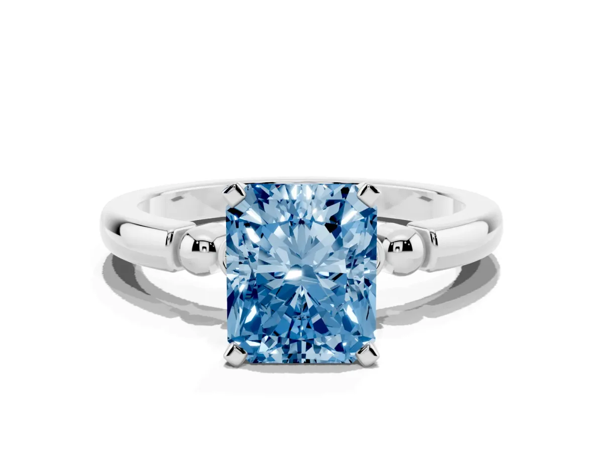 Fancy Blue Radiant Cut Solitaire Beaded Band with Four-Prong Setting White gold