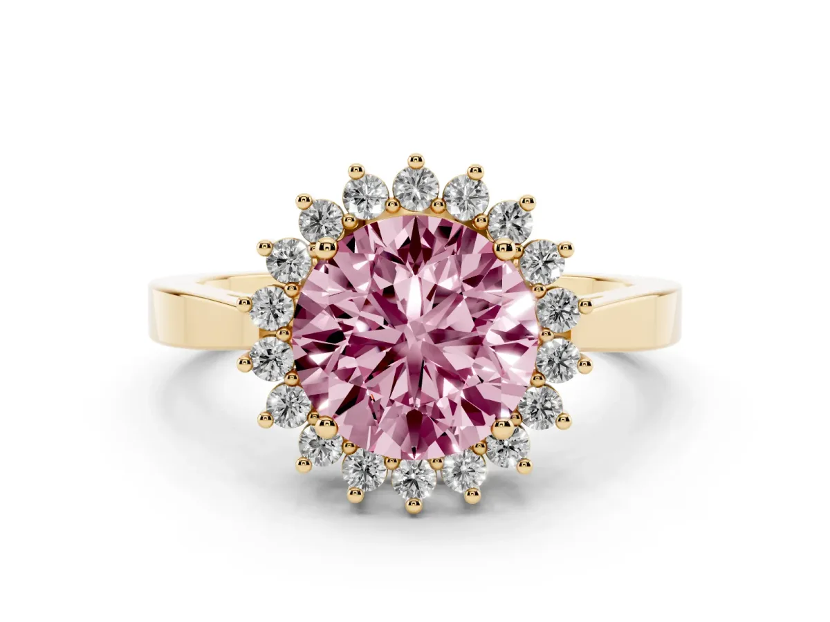 Fancy Pink Round Cut Cut Diamond Halo Ring with Round Brilliant Halo and Solitaire Band Yellow gold