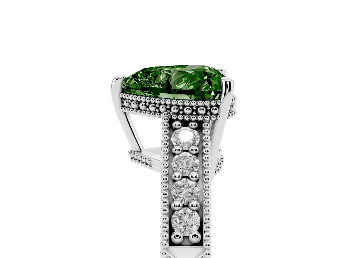 Fancy Green Heart Cut Solitaire Pavé Diamond Milgrain Engagement Ring with Four-Prong Setting Silver