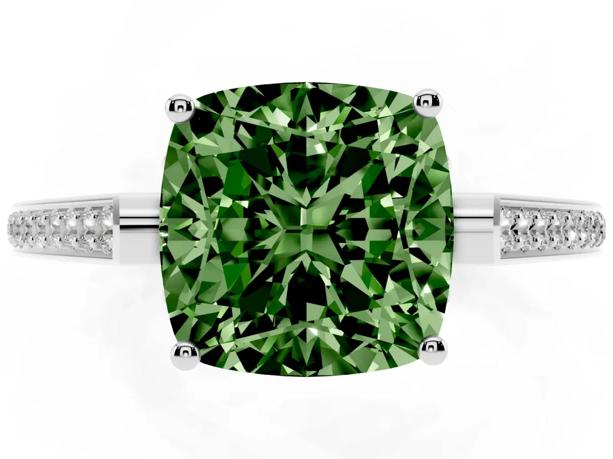 Fancy Green Cushion Cut Cut Cathedral Pave Diamond Engagement Ring with Six-Prong Setting Silver