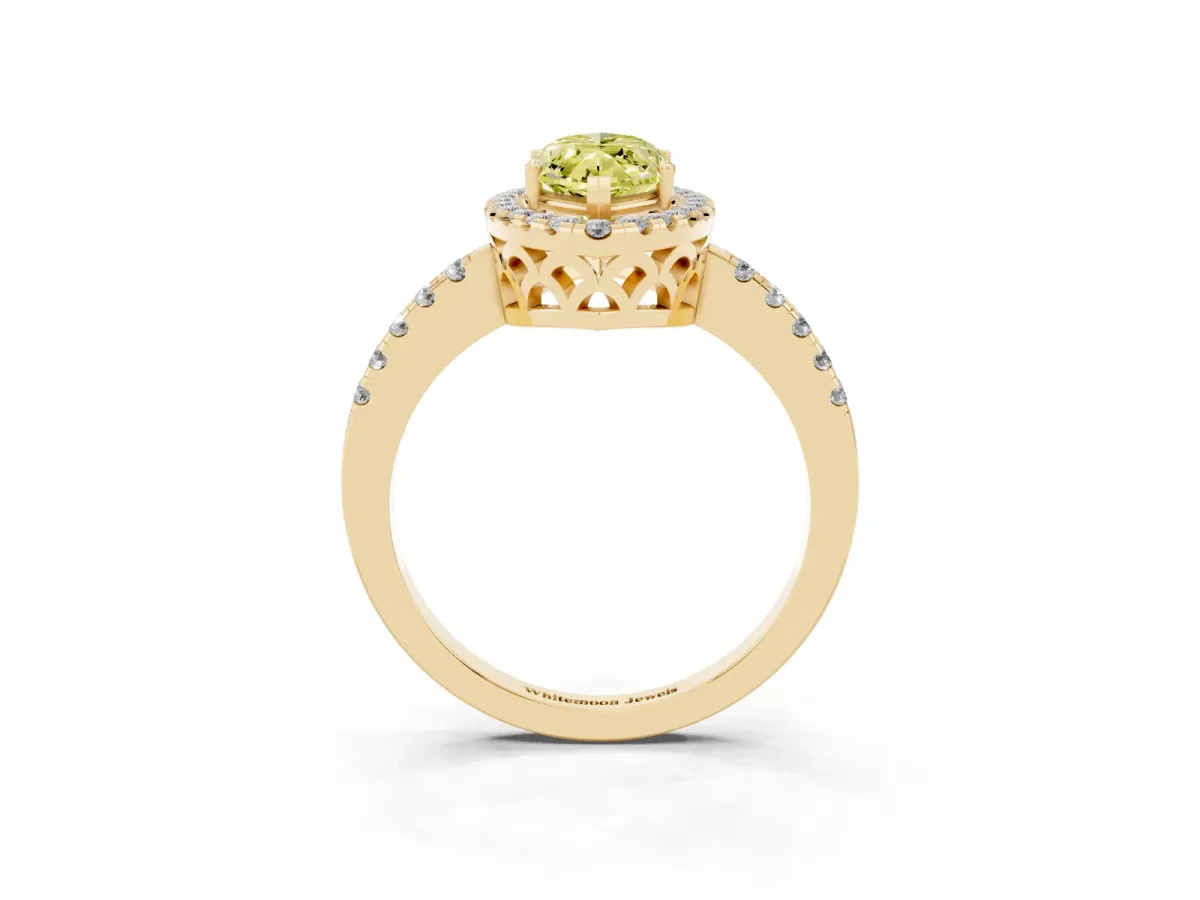Fancy Yellow Marquise Cut Halo Diamond Engagement Ring with Pavé Band and Four-Prong Setting Yellow gold