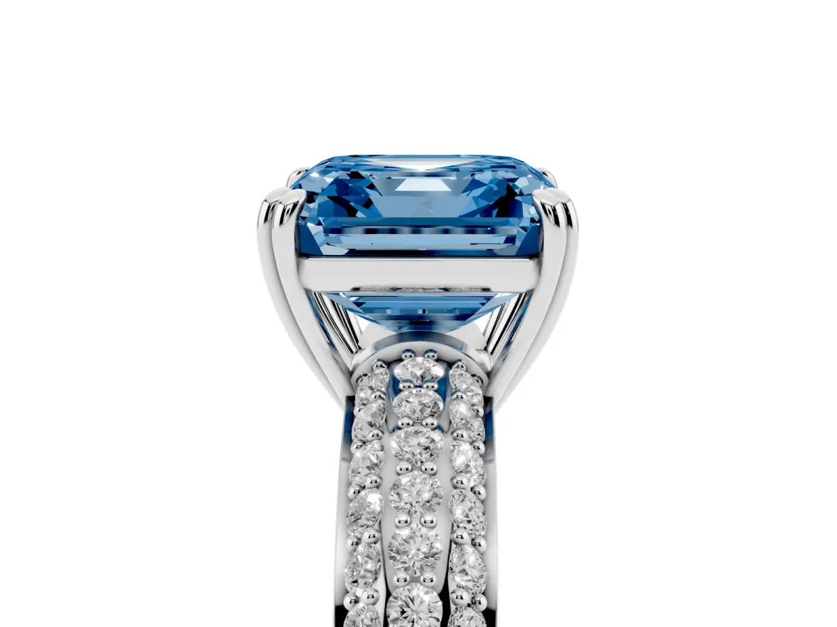 Fancy Blue Asscher Cut Diamond Solitaire Ring with Multi-Row Round Pavé Band and Prong Setting Silver