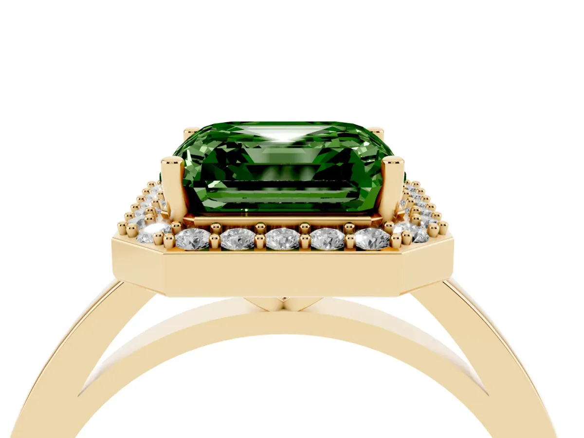 Fancy Green Asscher Cut Halo Diamond Ring with Solitaire Band and Prong Setting Yellow gold