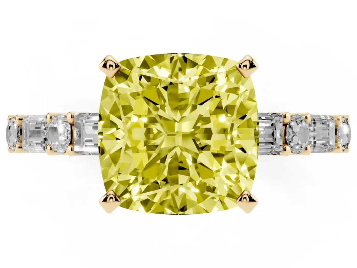 Fancy Yellow Cushion Cut Diamond Solitaire with Side Baguettes and Channel Set Band Yellow gold