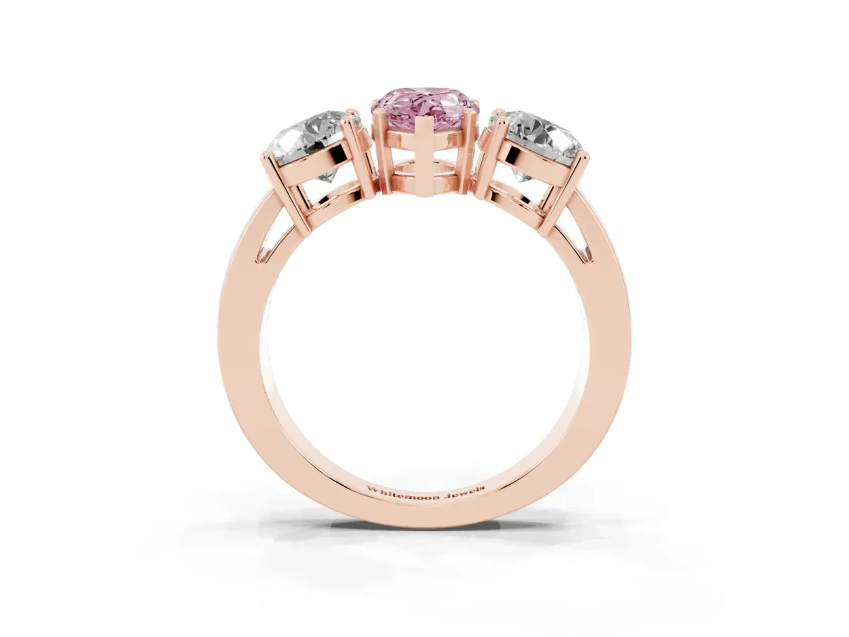 Fancy Pink Three-Stone Pear Cut Diamond Ring with Round Side Stones, Classic Band, and Four-Prong Setting Rose gold