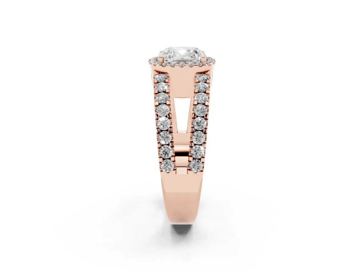 Cushion Cut Cut Halo Split Shank Diamond Ring with Four-Prong Setting Rose gold
