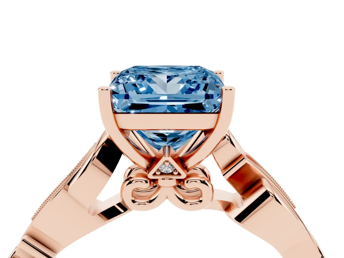 Fancy Blue Princess Cut Solitaire Vine Band with Milgrain Prong Setting Rose gold
